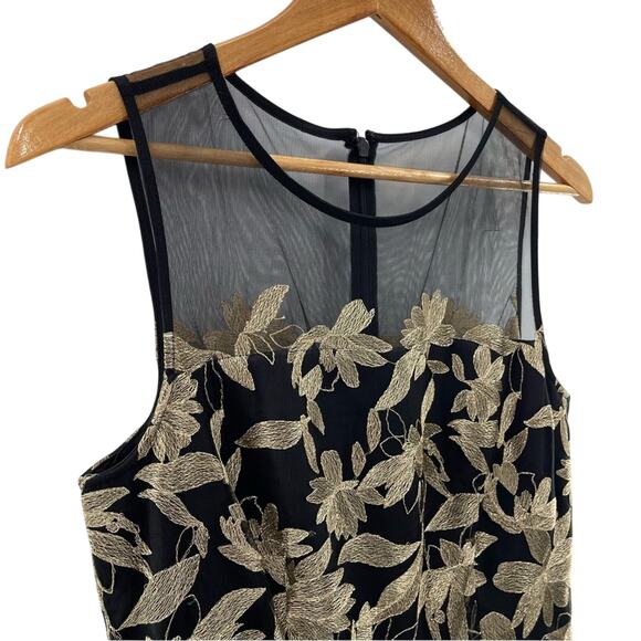 Tahari Embroidered Metallic Floral Illusion Gold Black Cocktail Dress Size 6 - Picture 7 of 16